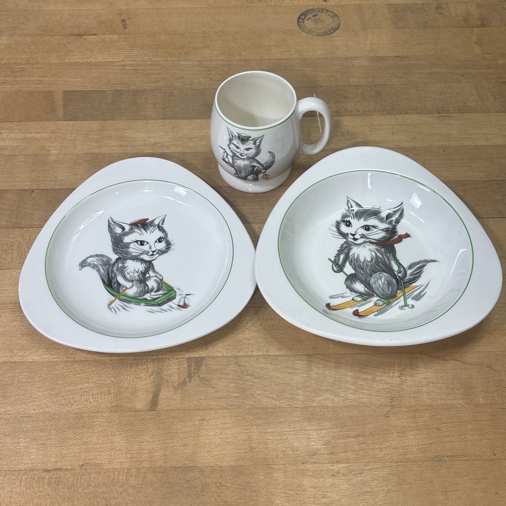 Vintage 1957 Copeland Spode Cutie Kitten S3243 3pc Child Nursery Set England